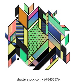 Trendy geometrical vector illustration with elements and abstract colorful textures. Design for summer holiday poster, card, brochure, and promotion template. Fashion art print and background.