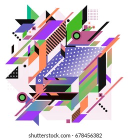 Trendy geometrical vector illustration with elements and abstract colorful textures. Design for summer holiday poster, card, brochure, and promotion template. Fashion art print and background.