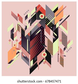 Trendy geometrical vector illustration with elements and abstract colorful textures. Design for summer holiday poster, card, brochure, and promotion template. Fashion art print and background.