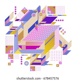 Trendy geometrical vector illustration with elements and abstract colorful textures. Design for summer holiday poster, card, brochure, and promotion template. Fashion art print and background.