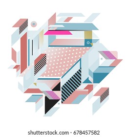 Trendy geometrical vector illustration with elements and abstract colorful textures. Design for summer holiday poster, card, brochure, and promotion template. Fashion art print and background.