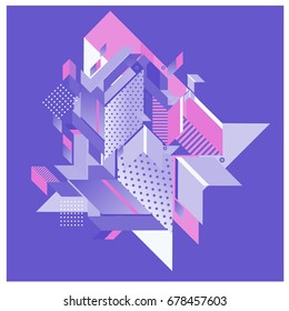 Trendy geometrical vector illustration with elements and abstract colorful textures. Design for summer holiday poster, card, brochure, and promotion template. Fashion art print and background.
