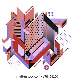 Trendy geometrical vector illustration with elements and abstract colorful textures. Design for summer holiday poster, card, brochure, and promotion template. Fashion art print and background.