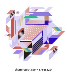 Trendy geometrical vector illustration with elements and abstract colorful textures. Design for summer holiday poster, card, brochure, and promotion template. Fashion art print and background.
