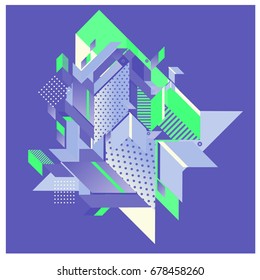 Trendy geometrical vector illustration with elements and abstract colorful textures. Design for summer holiday poster, card, brochure, and promotion template. Fashion art print and background.
