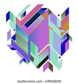 Trendy geometrical vector illustration with elements and abstract colorful textures. Design for summer holiday poster, card, brochure, and promotion template. Fashion art print and background.