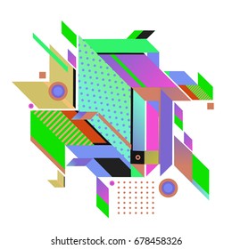 Trendy geometrical vector illustration with elements and abstract colorful textures. Design for summer holiday poster, card, brochure, and promotion template. Fashion art print and background.