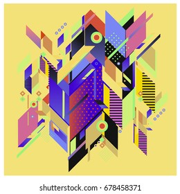 Trendy geometrical vector illustration with elements and abstract colorful textures. Design for summer holiday poster, card, brochure, and promotion template. Fashion art print and background.