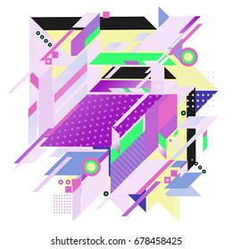 Trendy geometrical vector illustration with elements and abstract colorful textures. Design for summer holiday poster, card, brochure, and promotion template. Fashion art print and background.