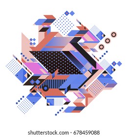 Trendy geometrical vector illustration with elements and abstract colorful textures. Design for summer holiday poster, card, brochure, and promotion template. Fashion art print and background.