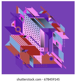 Trendy geometrical vector illustration with elements and abstract colorful textures. Design for summer holiday poster, card, brochure, and promotion template. Fashion art print and background.