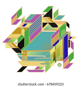 Trendy geometrical vector illustration with elements and abstract colorful textures. Design for summer holiday poster, card, brochure, and promotion template. Fashion art print and background.