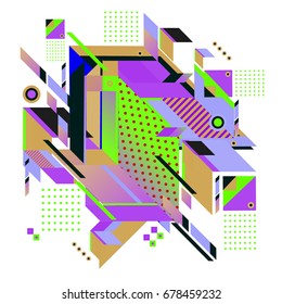 Trendy geometrical vector illustration with elements and abstract colorful textures. Design for summer holiday poster, card, brochure, and promotion template. Fashion art print and background.