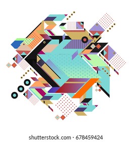 Trendy geometrical vector illustration with elements and abstract colorful textures. Design for summer holiday poster, card, brochure, and promotion template. Fashion art print and background.