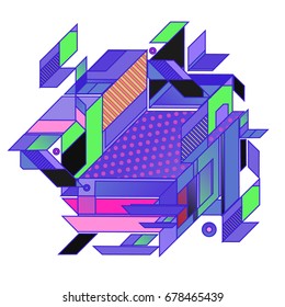Trendy geometrical vector illustration with elements and abstract colorful textures. Design for summer holiday poster, card, brochure, and promotion template. Fashion art print and background.