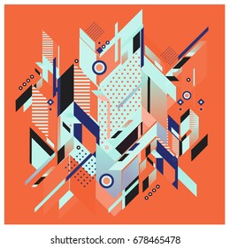 Trendy geometrical vector illustration with elements and abstract colorful textures. Design for summer holiday poster, card, brochure, and promotion template. Fashion art print and background.