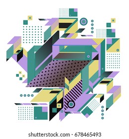 Trendy geometrical vector illustration with elements and abstract colorful textures. Design for summer holiday poster, card, brochure, and promotion template. Fashion art print and background.