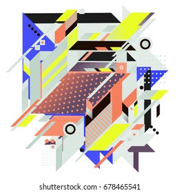 Trendy geometrical vector illustration with elements and abstract colorful textures. Design for summer holiday poster, card, brochure, and promotion template. Fashion art print and background.