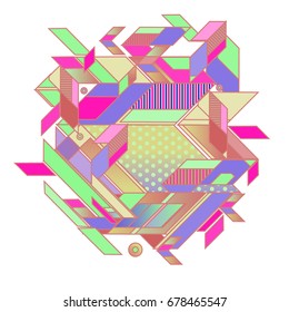 Trendy geometrical vector illustration with elements and abstract colorful textures. Design for summer holiday poster, card, brochure, and promotion template. Fashion art print and background.