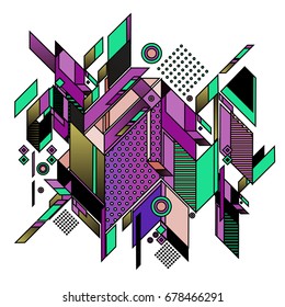 Trendy geometrical vector illustration with elements and abstract colorful textures. Design for summer holiday poster, card, brochure, and promotion template. Fashion art print and background.