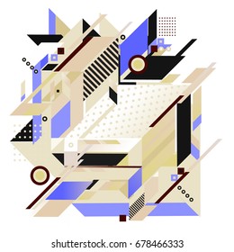 Trendy geometrical vector illustration with elements and abstract colorful textures. Design for summer holiday poster, card, brochure, and promotion template. Fashion art print and background.