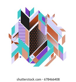 Trendy geometrical vector illustration with elements and abstract colorful textures. Design for summer holiday poster, card, brochure, and promotion template. Fashion art print and background.