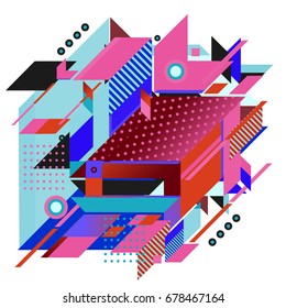 Trendy geometrical vector illustration with elements and abstract colorful textures. Design for summer holiday poster, card, brochure, and promotion template. Fashion art print and background.