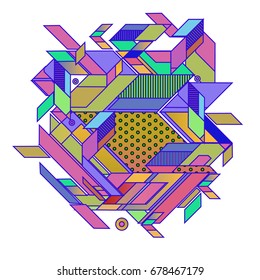 Trendy geometrical vector illustration with elements and abstract colorful textures. Design for summer holiday poster, card, brochure, and promotion template. Fashion art print and background.