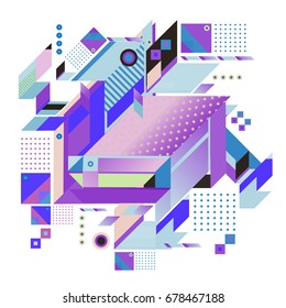 Trendy geometrical vector illustration with elements and abstract colorful textures. Design for summer holiday poster, card, brochure, and promotion template. Fashion art print and background.