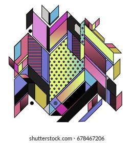 Trendy geometrical vector illustration with elements and abstract colorful textures. Design for summer holiday poster, card, brochure, and promotion template. Fashion art print and background.