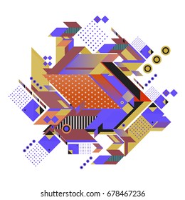 Trendy geometrical vector illustration with elements and abstract colorful textures. Design for summer holiday poster, card, brochure, and promotion template. Fashion art print and background.