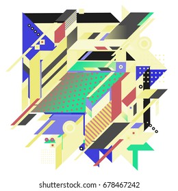 Trendy geometrical vector illustration with elements and abstract colorful textures. Design for summer holiday poster, card, brochure, and promotion template. Fashion art print and background.