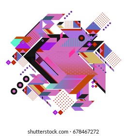 Trendy geometrical vector illustration with elements and abstract colorful textures. Design for summer holiday poster, card, brochure, and promotion template. Fashion art print and background.