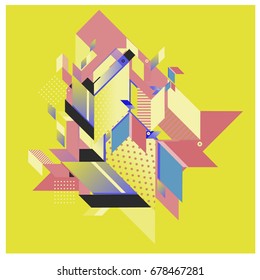 Trendy geometrical vector illustration with elements and abstract colorful textures. Design for summer holiday poster, card, brochure, and promotion template. Fashion art print and background.