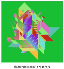 Trendy geometrical vector illustration with elements and abstract colorful textures. Design for summer holiday poster, card, brochure, and promotion template. Fashion art print and background.