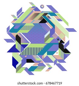 Trendy geometrical vector illustration with elements and abstract colorful textures. Design for summer holiday poster, card, brochure, and promotion template. Fashion art print and background.