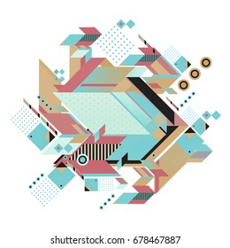 Trendy geometrical vector illustration with elements and abstract colorful textures. Design for summer holiday poster, card, brochure, and promotion template. Fashion art print and background.