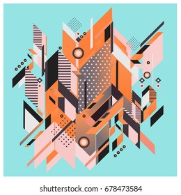Trendy geometrical vector illustration with elements and abstract colorful textures. Design for summer holiday poster, card, brochure, and promotion template. Fashion art print and background.