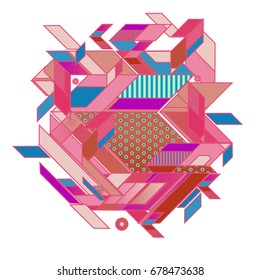 Trendy geometrical vector illustration with elements and abstract colorful textures. Design for summer holiday poster, card, brochure, and promotion template. Fashion art print and background.