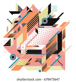 Trendy geometrical vector illustration with elements and abstract colorful textures. Design for summer holiday poster, card, brochure, and promotion template. Fashion art print and background.