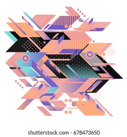 Trendy geometrical vector illustration with elements and abstract colorful textures. Design for summer holiday poster, card, brochure, and promotion template. Fashion art print and background.