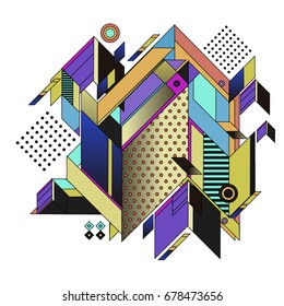 Trendy geometrical vector illustration with elements and abstract colorful textures. Design for summer holiday poster, card, brochure, and promotion template. Fashion art print and background.