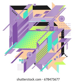 Trendy geometrical vector illustration with elements and abstract colorful textures. Design for summer holiday poster, card, brochure, and promotion template. Fashion art print and background.