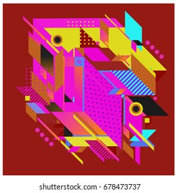 Trendy geometrical vector illustration with elements and abstract colorful textures. Design for summer holiday poster, card, brochure, and promotion template. Fashion art print and background.