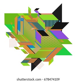 Trendy geometrical vector illustration with elements and abstract colorful textures. Design for summer holiday poster, card, brochure, and promotion template. Fashion art print and background.