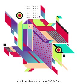 Trendy geometrical vector illustration with elements and abstract colorful textures. Design for summer holiday poster, card, brochure, and promotion template. Fashion art print and background.
