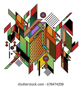 Trendy geometrical vector illustration with elements and abstract colorful textures. Design for summer holiday poster, card, brochure, and promotion template. Fashion art print and background.