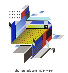 Trendy geometrical vector illustration with elements and abstract colorful textures. Design for summer holiday poster, card, brochure, and promotion template. Fashion art print and background.