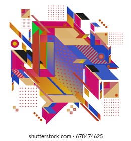 Trendy geometrical vector illustration with elements and abstract colorful textures. Design for summer holiday poster, card, brochure, and promotion template. Fashion art print and background.