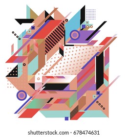 Trendy geometrical vector illustration with elements and abstract colorful textures. Design for summer holiday poster, card, brochure, and promotion template. Fashion art print and background.